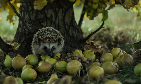 Hedgehog among fallen pears under a treeの素材