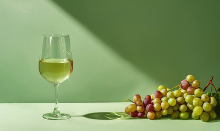Grapes on a pale green background with a glass of white wineの素材