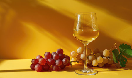 Grapes on a warm yellow background with a glass of white wineの素材