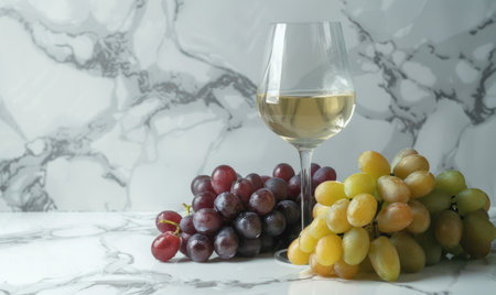 Grapes on a white marble background with a glass of white wineの素材