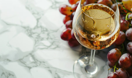 Grapes on a white marble background with a glass of white wineの素材