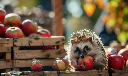 Hedgehog with an apple in its paws near a farmer's market standの素材