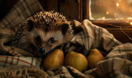 Hedgehog with pears in a cozy nookの素材