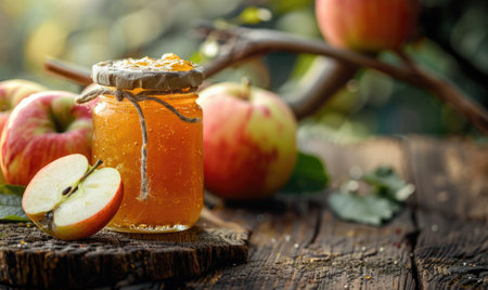 Jar of apple jam on a rustic wooden tableの素材