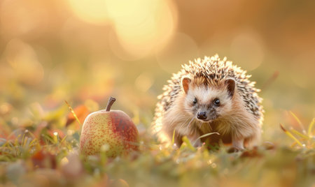 Hedgehog sitting beside a pear in a grassy fieldの素材