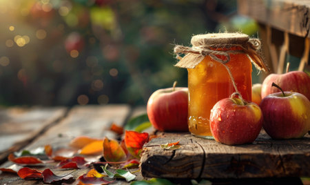 Jar of apple jam on a rustic wooden tableの素材