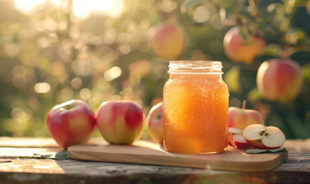 Jar of homemade apple syrup with fresh apples in the backgroundの素材