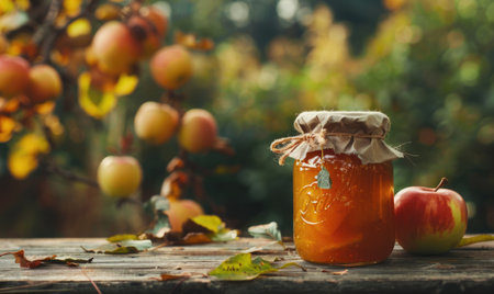 Jar of apple jam on a rustic wooden tableの素材
