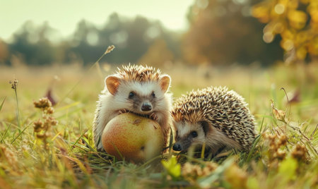 Hedgehog sitting beside a pear in a grassy fieldの素材