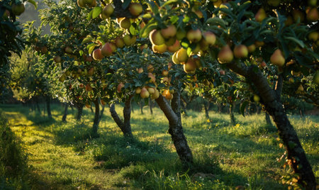 Orchard with pear trees and ripe pearsの素材