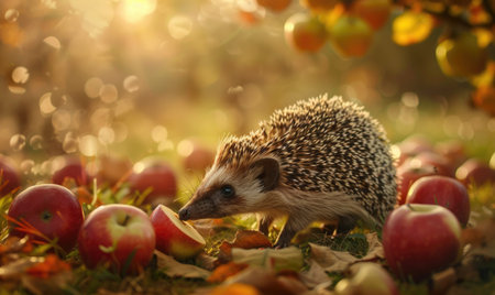 Hedgehog nibbling on an apple in an apple orchardの素材