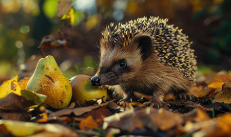 Hedgehog sniffing a pear on a forest floorの素材