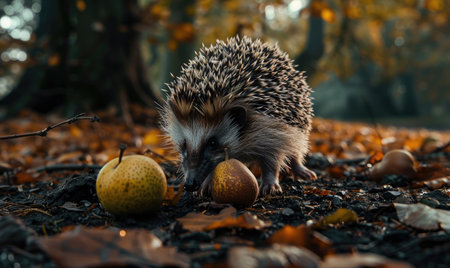 Hedgehog sniffing a pear on a forest floorの素材