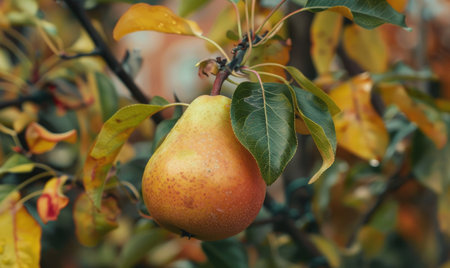 Pear with a red blush, hanging from a branch with green leavesの素材