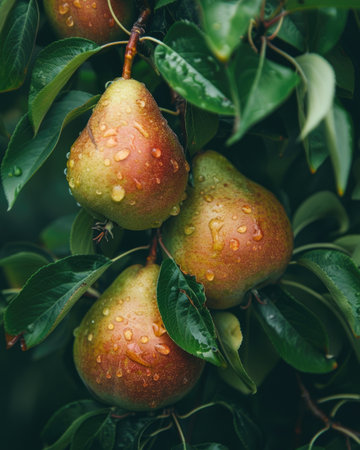Pears on branches, sun rays peeking through leavesの素材