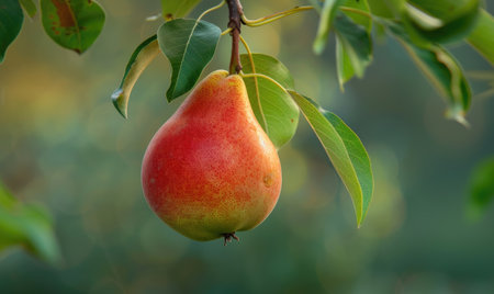 Pear with a red blush, hanging from a branch with green leavesの素材