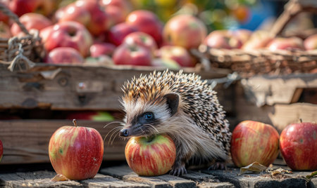 Hedgehog with an apple near a rustic roadside standの素材