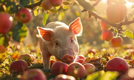 Piglet biting into an apple under a treeの素材