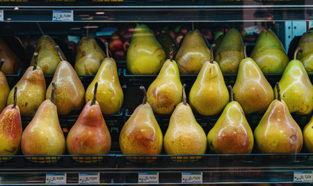 Pears displayed for sale at a roadside standの素材
