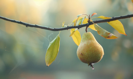 Pear with a small leaf attached, on a branch with a soft focus backgroundの素材