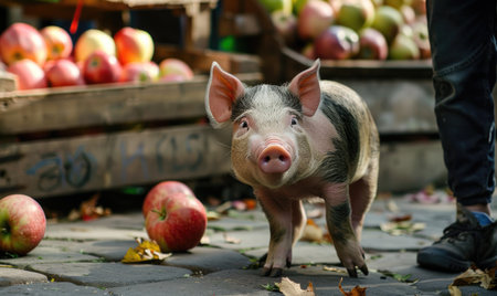 Piglet savoring an apple in an orchardの素材