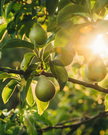 Pears on branches, sun rays peeking through leavesの素材