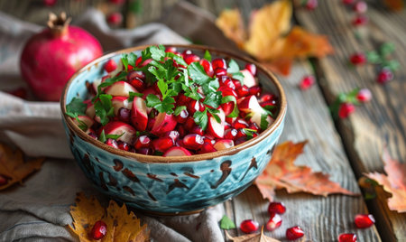 Pomegranate salad on a rustic wooden tableの素材