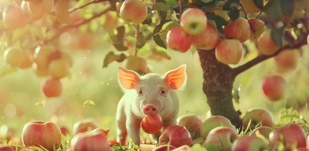 Piglet biting into an apple under a treeの素材