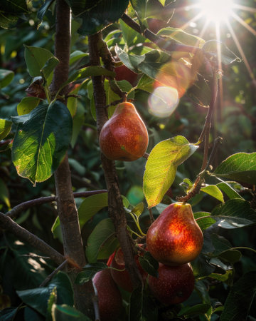 Pears on branches, sun rays peeking through leavesの素材