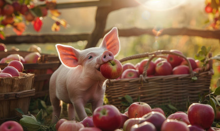 Piglet happily eating an apple by a rustic apple standの素材