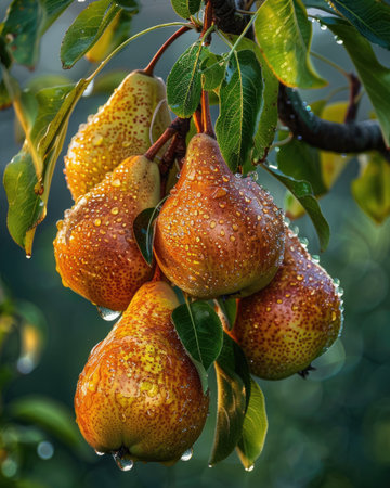 Pears on tree branches, dew on the fruitの素材