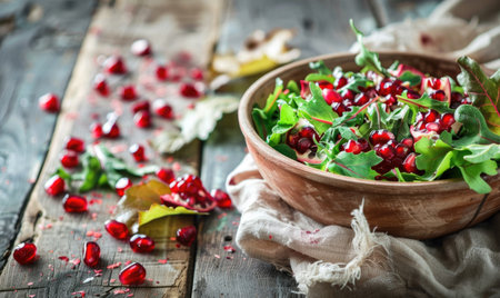 Pomegranate salad on a rustic wooden tableの素材