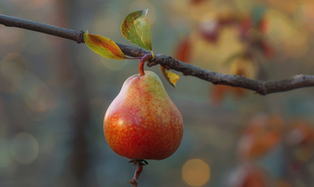 Pear with a small leaf attached, on a branch with a soft focus backgroundの素材