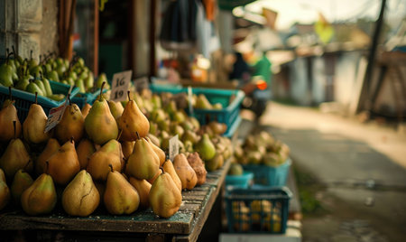 Pears displayed for sale at a roadside standの素材