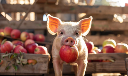 Piglet savoring an apple in an orchardの素材