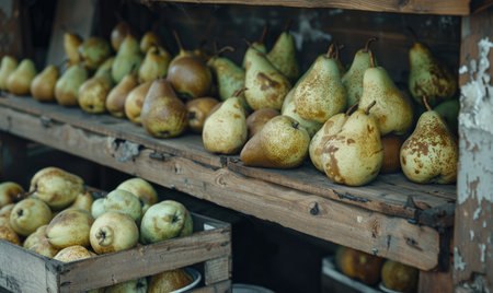 Pears displayed for sale at a roadside standの素材