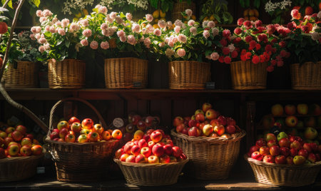 Store display with baskets of applesの素材