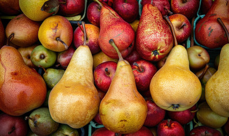 Pears arranged on a market stallの素材