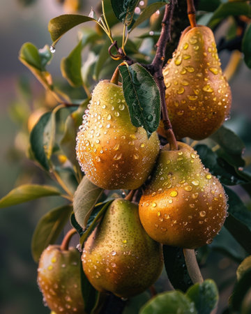 Pears on tree branches, dew on the fruitの素材