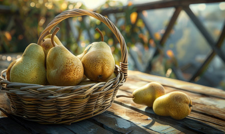 Pears in a vintage basket on a wooden market tableの素材
