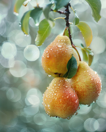 Pears on branches, sun rays peeking through leavesの素材