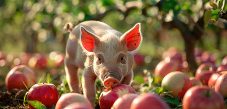 Piglet biting into an apple under a treeの素材