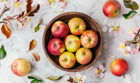 Top view of different autumn apples in a rustic wooden bowlの素材