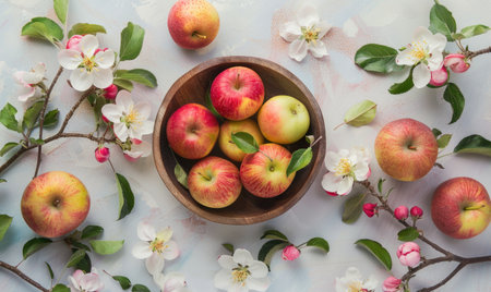 Top view of different autumn apples in a rustic wooden bowlの素材