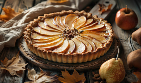 Pear tart on a rustic wooden tableの素材