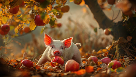 Piglet biting into an apple under a treeの素材