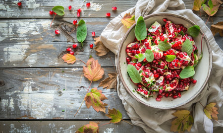 Pomegranate salad on a rustic wooden tableの素材