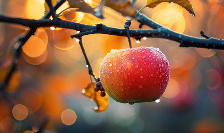 Red apple with dew drops on a branchの素材