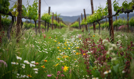Vineyard with wildflowers growing between grapevinesの素材