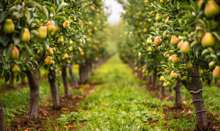 Rows of pear trees in an orchardの素材